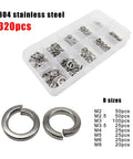 320 Piece Black Stainless Steel Split Lock Washer Set For Screws And Bolts In Sizes M2 Through M8 Including M2 M2.5 M3 M3.5 M4 M5 M6 And M8 304 Stainless Steel GB93 Elastic Gasket Box Kit, 304 steel 320pcs in organizer