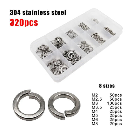 320 Piece Black Stainless Steel Split Lock Washer Set For Screws And Bolts In Sizes M2 Through M8 Including M2 M2.5 M3 M3.5 M4 M5 M6 And M8 304 Stainless Steel GB93 Elastic Gasket Box Kit, 304 steel 320pcs in organizer
