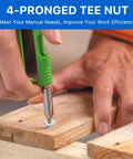 Installing 4-pronged tee nut in wood for secure joints, focus on 100 Pack One Quarter Twenty T Nuts Stainless Steel 304 Four Prong Tee Nuts