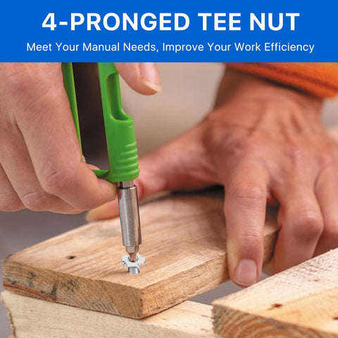 Installing 4-pronged tee nut in wood for secure joints, focus on 100 Pack One Quarter Twenty T Nuts Stainless Steel 304 Four Prong Tee Nuts