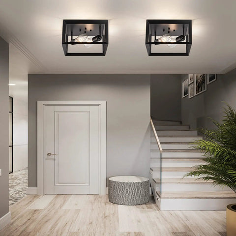 Interior view with Two Pack Black 11 Inch Semi Flush Mount Ceiling Lights Modern Industrial Square Metal Close To Ceiling Lighting