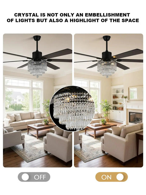 Bella Depot 65" Crystal Fandelier Low Profile Ceiling Fan with Light in living room, showcasing K9 crystals and modern design.