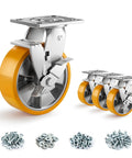 Built Tough Six Inch Heavy Duty Caster Wheels Set Of Four With Secure Lock Plates showing bright orange 6" swivel casters and hardware.