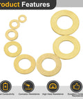 Heavy Duty Brass Flat Washers 20 Piece Set Rock Solid M5 Sealing Rings Rust Resistant For Bolts Screws Nuts arranged in a row.