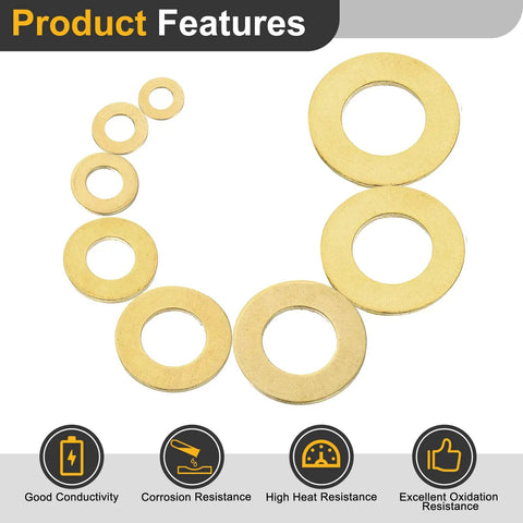 Heavy Duty Brass Flat Washers 20 Piece Set Rock Solid M5 Sealing Rings Rust Resistant For Bolts Screws Nuts arranged in a row.