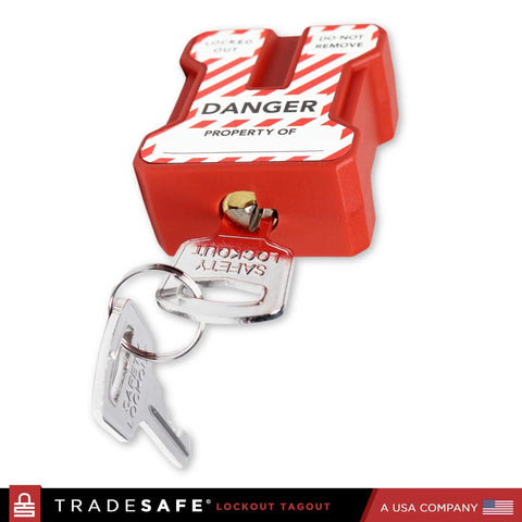Red Power Plug Lockout Device For 2 Or 3 Prong Plugs, OSHA Compliant Lockout Lock, with keyed alike feature, includes 2 keys.
