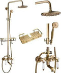 Exposed Tub Shower Faucet Set With 8 Inch Rainfall Shower Head No Fuss Handheld Sprayer Tub Spout Wall Mounted Antique Brass Modern Shower System Durable Stainless Steel Brass Construction
