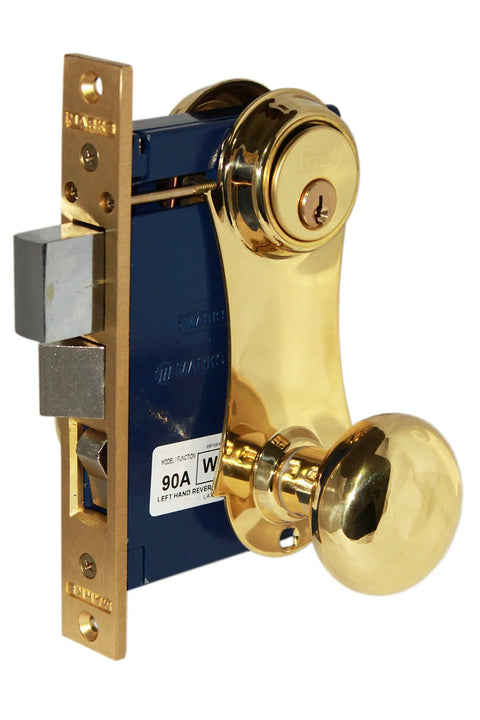 Beefy Double Cylinder Iron Gate Mortise Lock Set With Ornamental Knob Plate And 2 Point 5 Inch Backset Left Hand Reverse Polished Brass