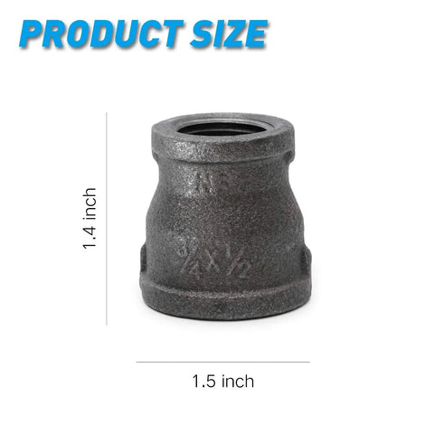 Heavy Duty One Half By Three Quarter Inch Iron Reducing Coupling Connector with product size dimensions 1.4" x 1.5"