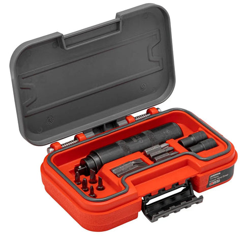 Open red blow mold case with 13 Piece Impact Hand Driver Set with Black Oxide Phillips and Slotted Insert Bits, quarter inch hex