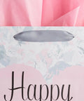 Large 13 Inch Gift Bag With Tissue Paper And Greeting Card For Mother's Day Birthdays Weddings Eco Friendly 3 Sheets Pink Tissue Included Ready To Gift In Style, showing gray handle and pink tissue.