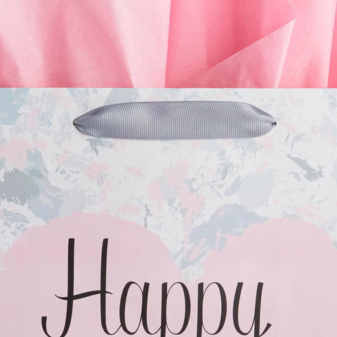 Large 13 Inch Gift Bag With Tissue Paper And Greeting Card For Mother's Day Birthdays Weddings Eco Friendly 3 Sheets Pink Tissue Included Ready To Gift In Style, showing gray handle and pink tissue.