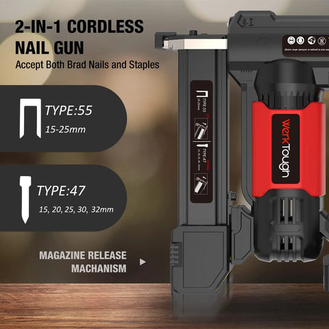 Close-up of 20V Cordless Staple Gun And Brad Nailer 2 In 1 Aluminum Magazine showing nail types and magazine release.