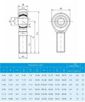 Rod End Bearings With Quarter Inch Bore And Quarter Twenty Eight Right Hand Thread, Jam Nuts Included, Pre Lubricated Spherical Ball Joint, Pack Of Four For Precise Linkage, CNC Applications, Handles Up To 13 Degree Misalignment, Steel Body, technical drawing