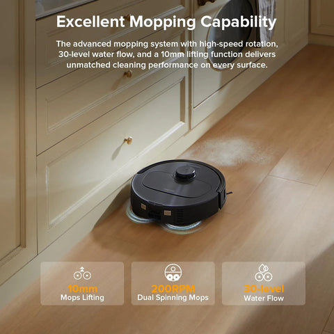 Roborock Qrevo Series robot vacuum and mop, black, cleaning a wooden kitchen floor