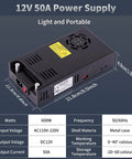 Beefy 600W 50A AC To DC Converter 12V Adjustable Power Supply Universal Adapter details and dimensions.