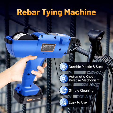 Electric Rebar Tier Gun For 8mm To 34mm Ties, Automatic Tie Tool That Cuts The Grunt Work With A 12V Battery, Blue in use