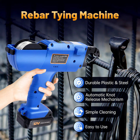 Heavy Duty Automatic Rebar Tie Gun, Cordless Electric Wire Twister Tool For 8-34mm Steel Rods, viewed with wire and mechanism.