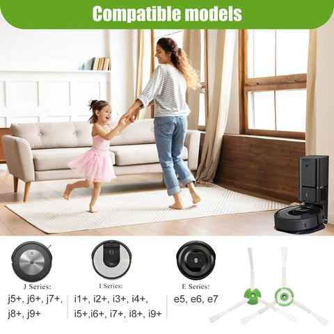 Mother and daughter dancing in living room with iRobot Roomba near side brushes for i, j, e series including i7, i3, e5 models