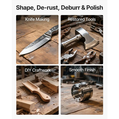 Badass 1500W Two Horsepower Belt Sander Grinder With Slick Variable Speed Dial And Versatile Three In One Setup For Metalworking And Knife Making Includes Tough Sanding Belts Plus Sturdy Tool Rest For Knockout Shop Builds in knife making, restored tools, DIY craftwork, and smooth finish examples.