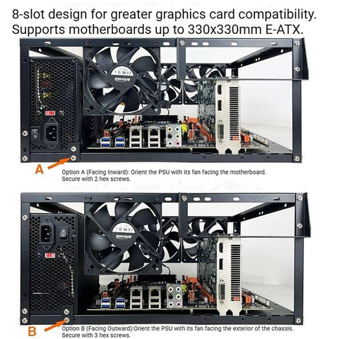 Open Air PC Test Bench Open Frame Chassis For DIY Rigs Stackable And Dual Orientation, showing two PSU installation options.