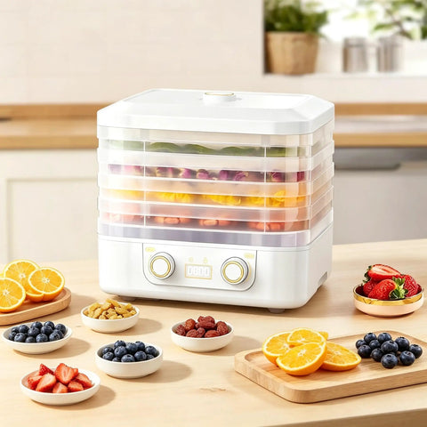 Big Time 6 Tray Food Dehydrator For Home With Clear Racks And Digital Temperature Timer Controls To Knock Out Homemade Jerky Dried Fruit Veggies And Dog Treats Quick As Can Be, shown with dried fruits.