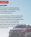 NPAUTO brand description and red car, emphasizing automotive product range including lug nuts and accessories.
