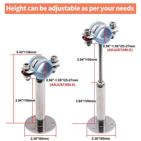 AKIHISA 2-pack stainless steel pipe supports for 25–27mm OD pipe, adjustable height 100–200mm, wall/ceiling mounted