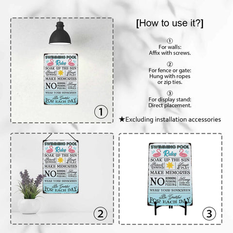 Diagram showing Pool Rules Sign Funny Metal Decor For Indoor Outdoor Use 12x8 Inch installed on wall, fence, stand.