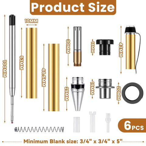 Six Pack Woodturning Pen Kit With Refills Twist Pens For DIY Lathe Turning Black And Silver Set components and sizes
