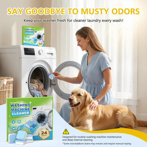 A woman using Skip The Hassle Washing Machine Cleaner Tablets For He Front And Top Load Washers Kicks Out Stink Instantly.