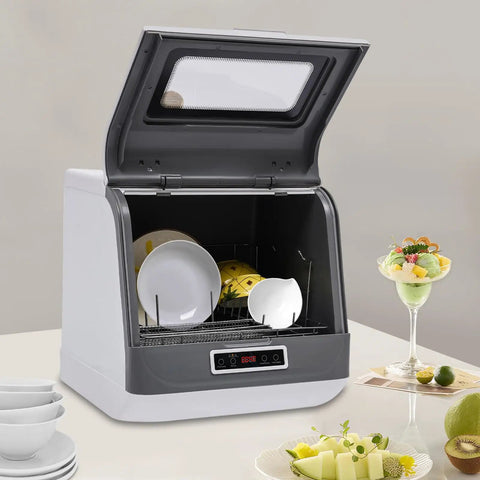 Hassle-Free Countertop Dishwasher With A Slick Stainless Steel Interior, Portable kitchen workhorse showcasing clean dishes inside.