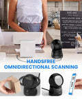 Hands Free 2D Barcode Scanner With USB Desktop Connection Omnidirectional QR Code Reader in a cafe setting.