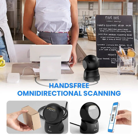 Hands Free 2D Barcode Scanner With USB Desktop Connection Omnidirectional QR Code Reader in a cafe setting.