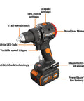 Beast Mode Cordless Drill Driver With Brushless Motor 20V 1/2 Inch Chuck Compact Frame Delivers 930 In-Lb Torque showing detailed features.