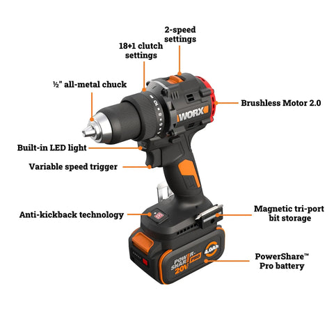 Beast Mode Cordless Drill Driver With Brushless Motor 20V 1/2 Inch Chuck Compact Frame Delivers 930 In-Lb Torque showing detailed features.