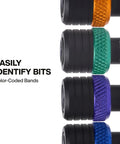Close-up of 5 Piece Bit Holder Keychain Set For Quarter Inch Hex Bits With Carabiner Clip And Color Coded Bands For Quick Access.