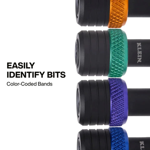 Close-up of 5 Piece Bit Holder Keychain Set For Quarter Inch Hex Bits With Carabiner Clip And Color Coded Bands For Quick Access.