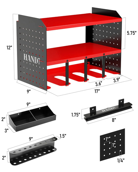 Garage Tool Organizer Wall Mount Drill Holder Pegboard Screwdriver Holder System With Magnet Bar And Organization Bin, Red