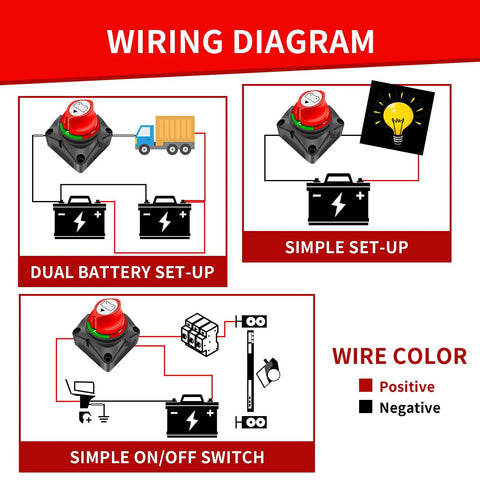 Installation wiring diagram for Built Tough Battery Disconnect Switch 12V To 48V DC 275A Waterproof Master Isolator.