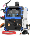 Front view of 8-In-1 Plasma Cutter Welder Combo 200A Dual Voltage 110 To 220V Workhorse For Aluminum Welding with accessories.