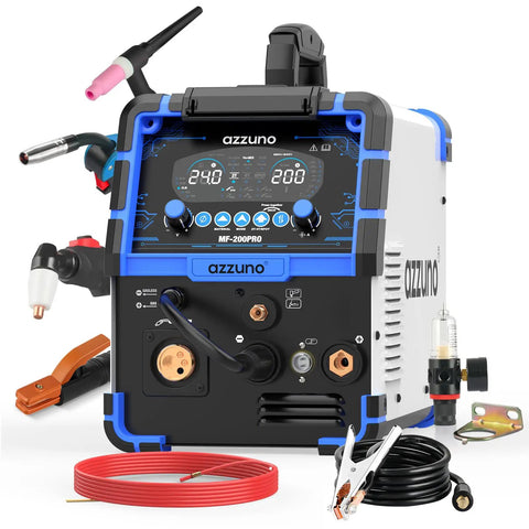 Front view of 8-In-1 Plasma Cutter Welder Combo 200A Dual Voltage 110 To 220V Workhorse For Aluminum Welding with accessories.