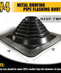 Pro Grade Heavy Duty Four Inch Metal Roof Pipe Boot Featuring Flexible Silicone Flashing Base For Corrugated Steel Roofs Tough As Nails Black Leak Proof Seal 5 inch tall, 10 inch base.