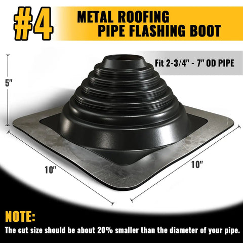 Pro Grade Heavy Duty Four Inch Metal Roof Pipe Boot Featuring Flexible Silicone Flashing Base For Corrugated Steel Roofs Tough As Nails Black Leak Proof Seal 5 inch tall, 10 inch base.