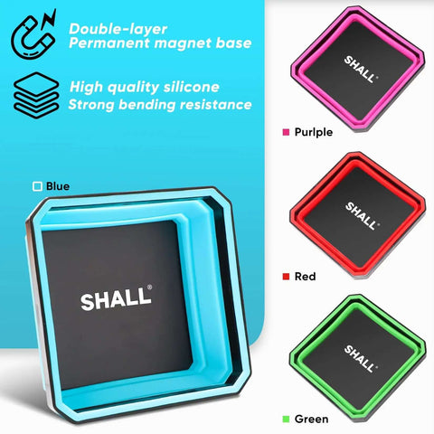 New Version Collapsible Magnetic Parts Tray Set Four Pack With Four Point Five Inch Square Silicone Foldable Bowls in blue, purple, red, and green