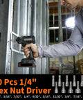 The Ultimate 350 Piece Drill Bit Set For Home Repair And Furniture Assembly Packed With Masonry Bits Driver Bits Spade Bits Hole Saws And Hex Keys To Power Through Any Household Job Without Breaking A Sweat, featuring a hex nut driver in use.