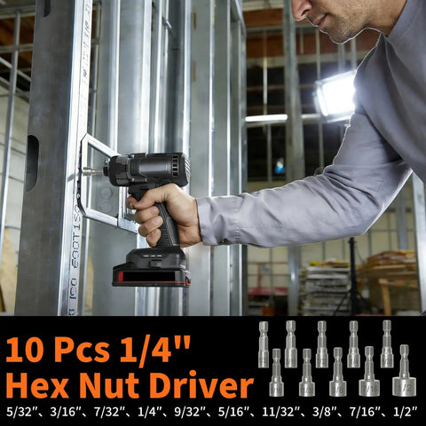 The Ultimate 350 Piece Drill Bit Set For Home Repair And Furniture Assembly Packed With Masonry Bits Driver Bits Spade Bits Hole Saws And Hex Keys To Power Through Any Household Job Without Breaking A Sweat, featuring a hex nut driver in use.