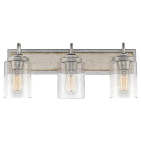 22-Inch 3-Light Farmhouse Vanity Light With Seeded Glass Cylinder Shades, Hand-Painted Wood Grain Metal Finish In White Ash Wood And Galvanized Steel