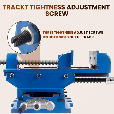 Heavy Duty 6 Inch Cross Slide Drill Press Vise with track tightness adjustment screws for precise woodworking and CNC machines.