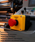Emergency Stop Push Button Switch 1NC 10A 660V with IP65 waterproof box shown on industrial machine control panel.